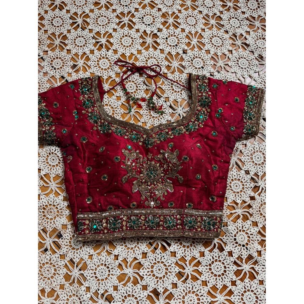 Embroidered Sari Blouse Beaded Sequins Indian Wedding Party Crop Top Red Sz S‎